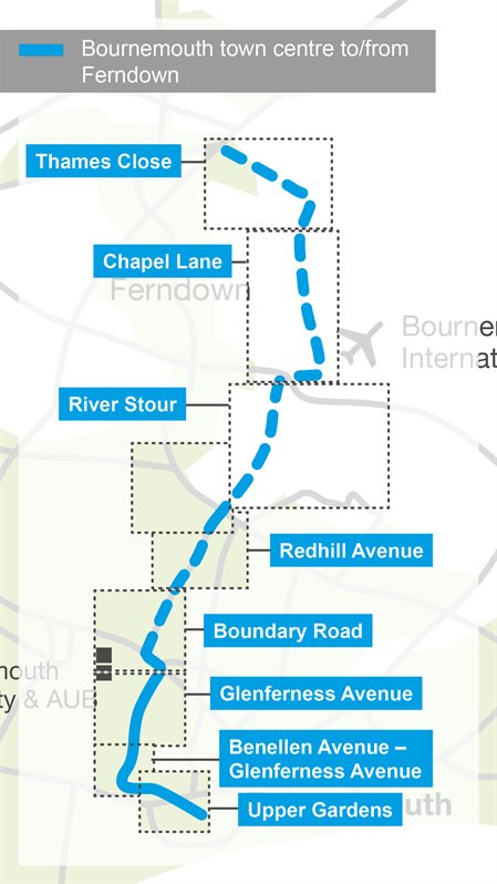 Bournemouth Town Centre to Ferndown Overview Map