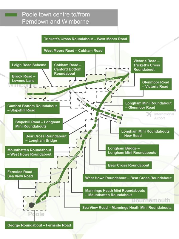 Poole Town Centre to Ferndown and Wimborne Overview Map