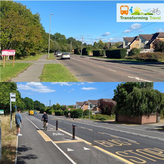 Before and after image of Wimborne Road West in Colehill, looking west.