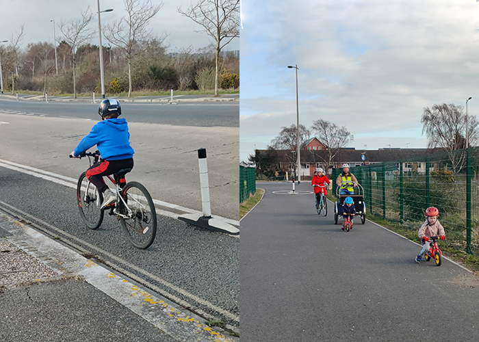 Flexible wands on Rigler Road and the new tarmacked path by Hamworthy Football Club.