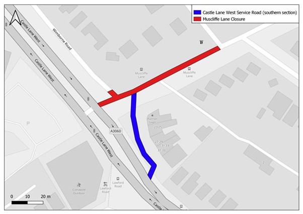 A red line on a map over Muscliffe Lane and a blue line on the Castle Lane West service road