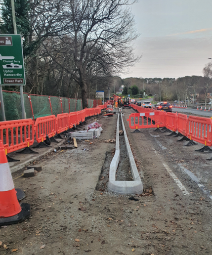Construction of east side two-way cycle track - view toward Alderney Roundabout
