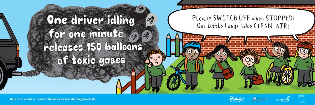 A banner that says one driver idling for one minute releases 150 balloons of toxic gases
