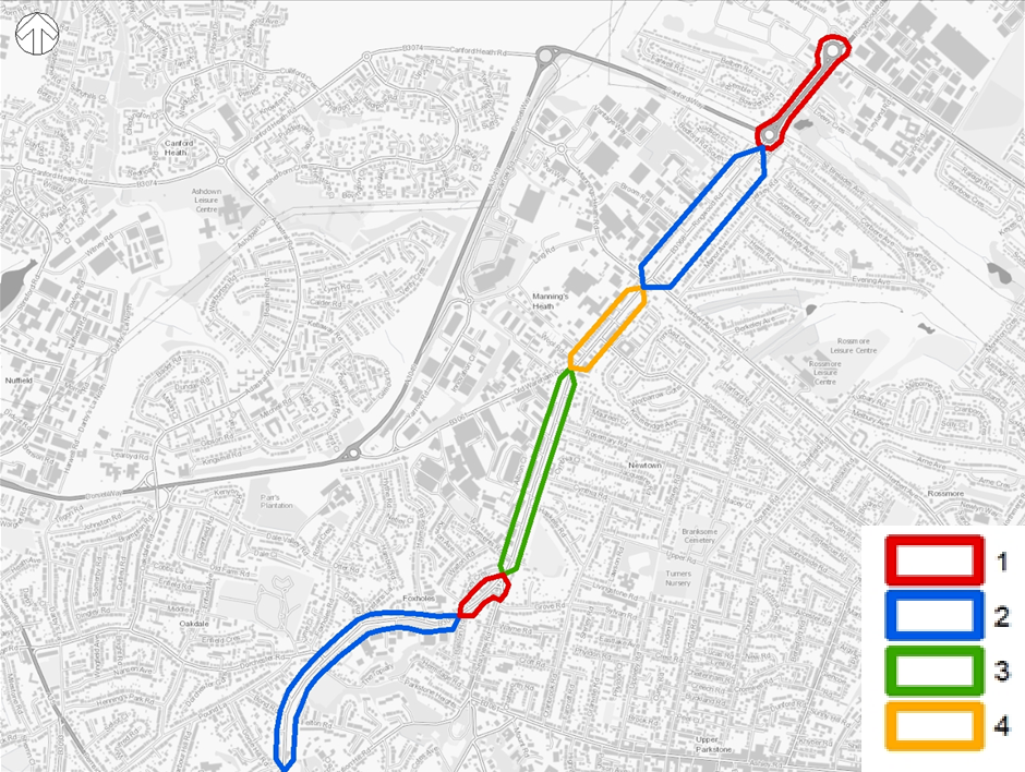 A map of the phases of work on Ringwood Road