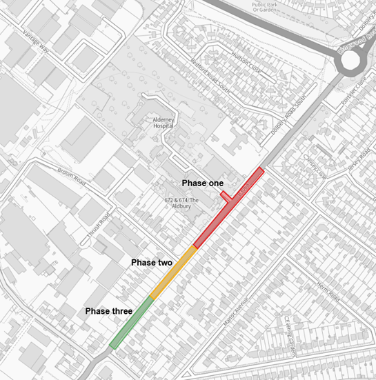 A map showing colour coded phases of planned overnight resurfacing works.